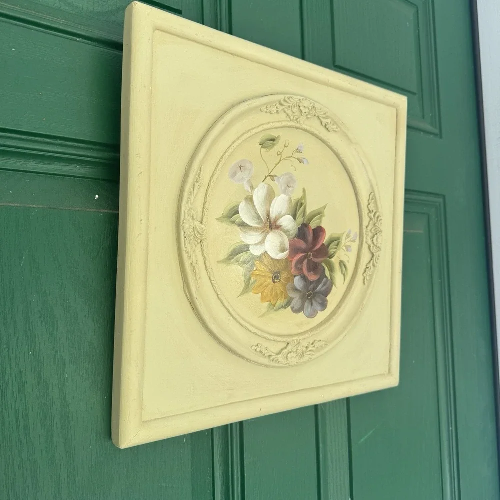 Vintage Hand-painted Floral Wall Art Plaque - Cottagecore Ornate Frame
